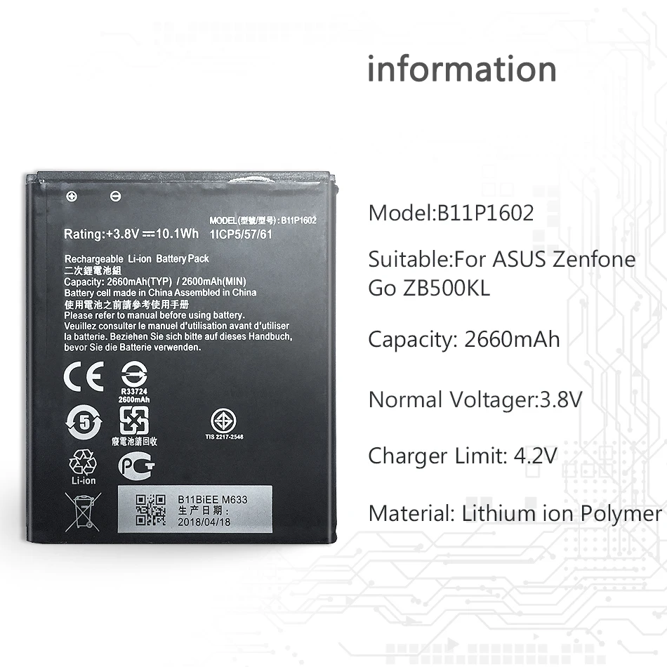 2660 мАч B11P1602 для ASUS Zenfone Go " ZB500KL X00AD X00ADC X00ADA Сменный аккумулятор для телефона литий-полимерный аккумулятор