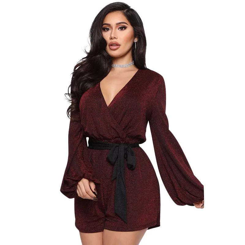 burgundy jumpsuit Adogirl/ г.; Весенний Модный повседневный комбинезон с металлическими блестками; комбинезон с v-образным вырезом и длинными рукавами-фонариками; Свободный комбинезон - Цвет: burgundy jumpsuit