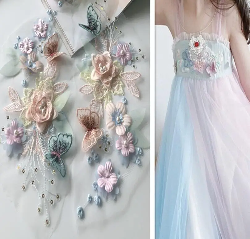 1 PC Embroidery 3D Floral Butterfly Lace Applique Patch Delicate Pearl Lace Wedding Clothing Decoration Sewing DIY Accessories lace sewing accessories lace sewing supplies lace accessories lace garment accessories clothing accessories lace decoration clothing craft accessories sewing patches