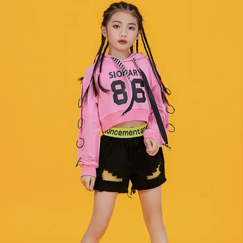 

New Jazz Modern Kids Jazz Dance Costume For Girls Show Clothes Pink Long Sleeve Tops Short Pants Stage Wear Hip Hop Kids BL2746