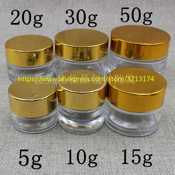 

5g 10g 15g 20g 30g 50g clear glass cream jar gold aluminum lid, cosmetic eye mini sample mask cream facial lotion container