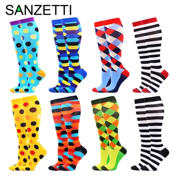 

SANZETTI 8 Pairs Women's Colorful Stripe Leg Support Stretch Cotton Compression Socks Below Knee Anti-Fatigue Happy Sport Socks