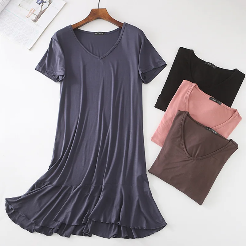

2020 Spring New Style Korean-style Loose And Plus-sized Casual Underwear V-neck Short Sleeve Mid-length Dress