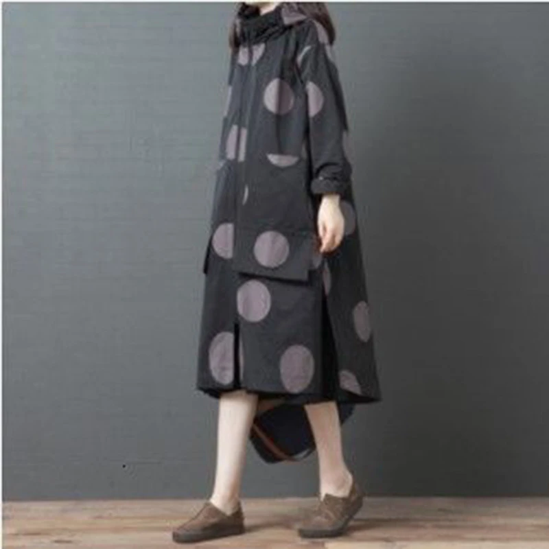 2020 New Long Windbreaker Female Autumn Fashion Loose Hooded Dot Print Casual Coat Korean style Retro Large Size Coats | Женская одежда