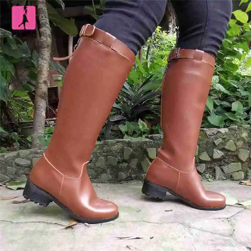 

FAMSO 2019 New Shoes Women Boots Round Toe Buckle Platforms Size 34-43 Black Brown Thick Heels Waterproof Knee High Boots Shoes