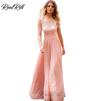 

Real Rill Illusion Prom Dresses 2019 Lace Top Lace Up Back Long Chiffon A-Line Party Dress With Beaded Sash For Women