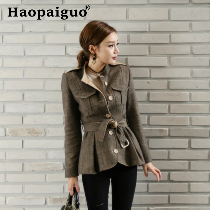 

Plus Size 2019 Autumn Winter Short Wool Coat Women Long Sleeve Singer Button Oversize Warm Woolen Coat Women with Sashes Zipper