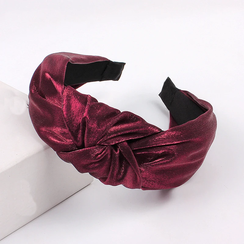 Wine Red 1Pcs Bright Color Satin Cross Knotted Wide Headband For Women Korean Soft Hairband Head Hoop Turban Girls Cute Hair Accessories - Color: Wine Red