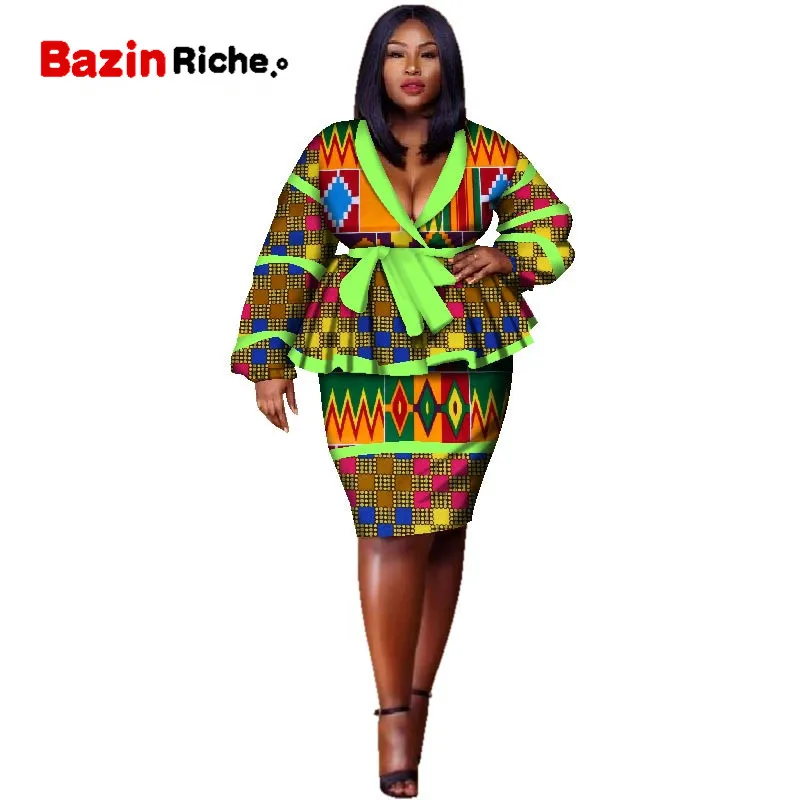 Plus Size Top and Straight Skirt Sets African Wax Print 2 Pieces Skirt Set for Women Bazin Riche African Style Clothing WY2858