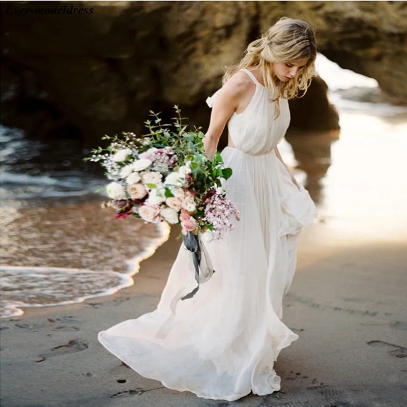 

Beach Wedding Dresses 2019 Backless A-Line Open Back Sweep Train Chiffon Simple Bridal Gowns Bride Dress Robe De Mariee