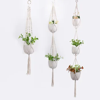 

Basket Plant Holder Hand-made Basket Net Pocket Macrame Plant Hanger Cotton Rope Hanging Flower Pot Outdoor Garden Decoration