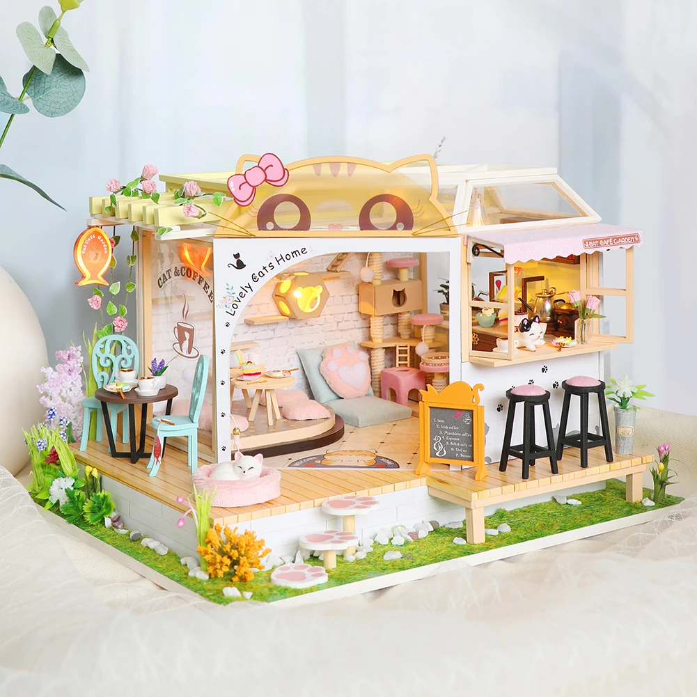 weten Levendig Tranen Diy Hut Leisure Kat Koffie Terug Tuin Creatieve Handgemaakte Kleine Huis  Met Licht Verjaardagscadeau Houten Gemonteerd Poppenhuis Speelgoed|Poppenhuis|  - AliExpress