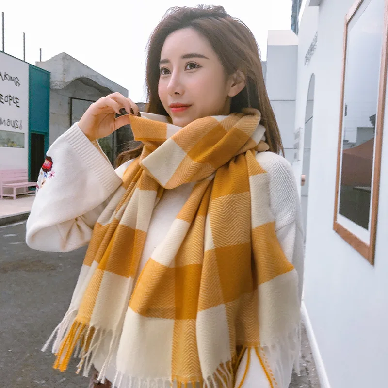 

2019 Autumn Winter Female Wool Plaid Scarf Women Cashmere Scarves Wide Lattices Long Shawl Wrap Blanket Warm Tippet