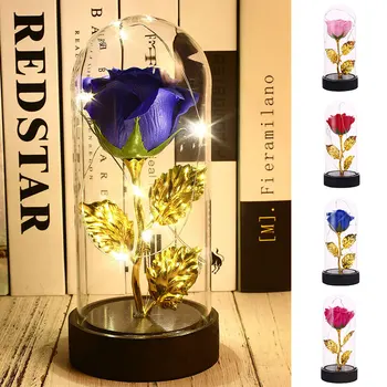 

Eternal Rose Flower Soap Rose Flower Beautiful Romantic Glass Cover LED Light Gifts Celebration Imitation Gold Foil Rose