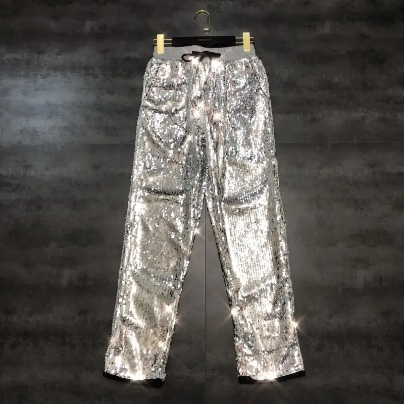 Новинка осени босоножки на высоком каблуке blingbling с серебристыми блестками эластичная кулиска на талии, прямые повседневные штаны