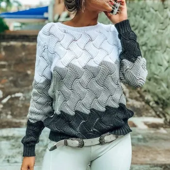 

2019 Women Fall Winter Casual Pullover High Waist Hollow Out Knitted Tops O-Neck Gradient Long Sleeve Sweater