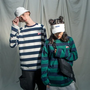 

Autumn and Winter New American Minimalist Stripes Hit Color Letters Long-sleeved Youth Sea Soul Couple Loose Sweatshirts