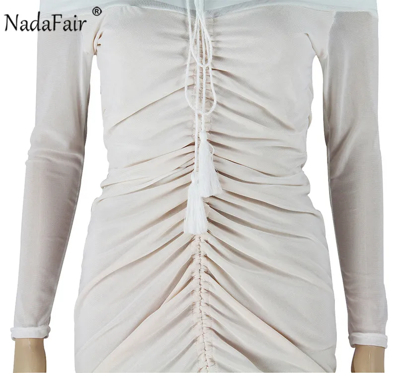Nadafair, сексуальное Сетчатое платье с длинным рукавом, с открытыми плечами, с открытой спиной, с рюшами, Осень-зима, белое, черное, Клубное, облегающее, мини, вечерние, женское платье