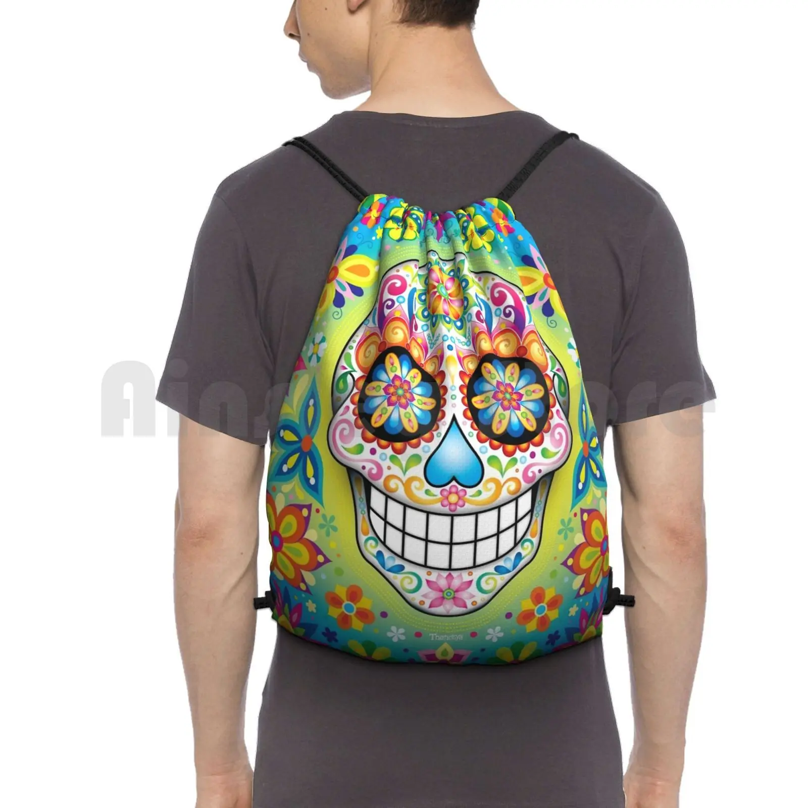 

Colorful Sugar Skull Day Of The Dead Art Backpack Drawstring Bags Gym Bag Waterproof Sugar Skull Day Of The Dead Dia De