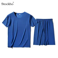 Men's Pajamas Sets Short Sleeve Shorts Summer Ice Silk Non-Trace Pajamas 5 Minutes of Pants Round Neck T-Shirt Men's Underwear