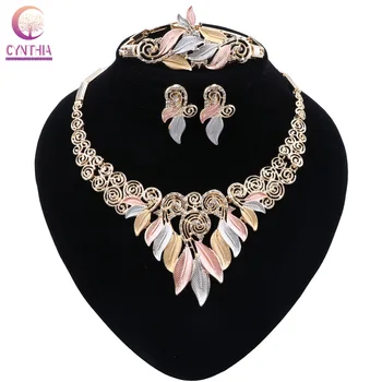 

CYNTHIA Fashion Charm African Bridal Leaves Shaped Jewelry Sets Wedding Dubai Necklace Earrings Bracelet for Women Jewelry Set