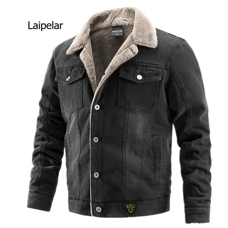 Thick Velvet Denim Jacket Men Casual Cotton Lapel Jacket with Fur Collar Warm Winter Coats