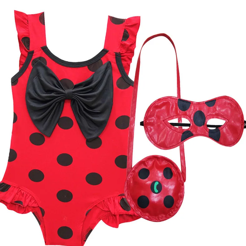 

3-9Y One-piece Ladybug Girls Summer Dress Bow Children Beach Swimsuit Cartoon Lady Bug Dot Print Mask Bag Kids Bathing Bikini