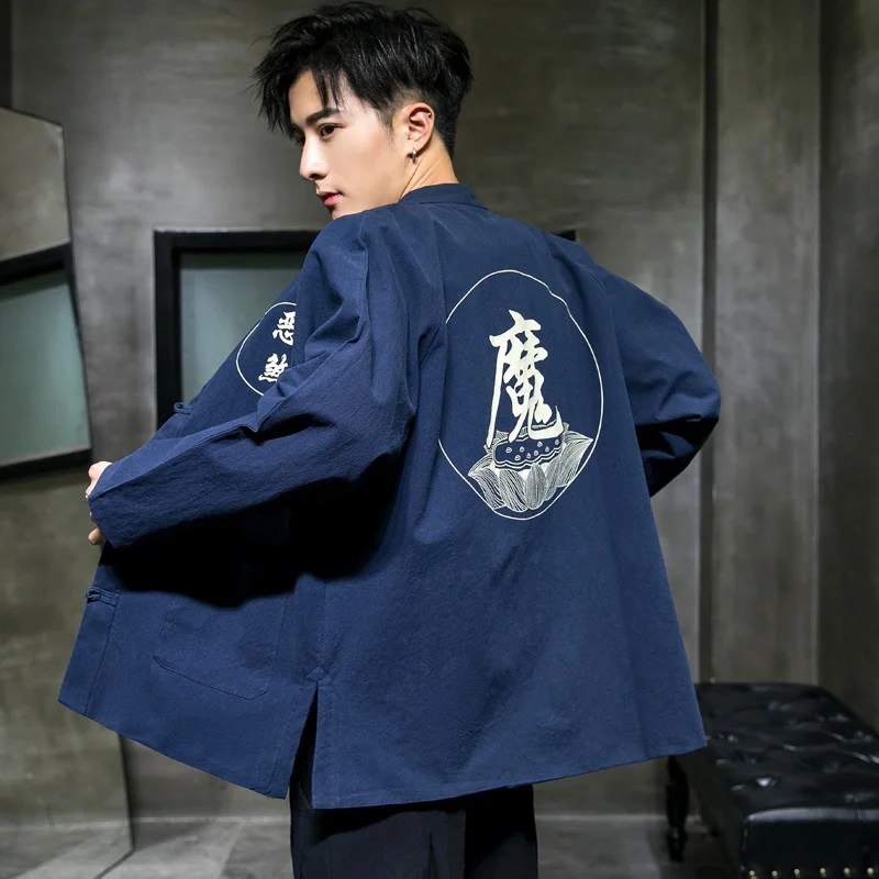 Традиционное китайское Стильное мужское пальто, китайская куртка мандарина, хлопковая льняная повседневная одежда кунг-фу, Восточная одежда KK3055