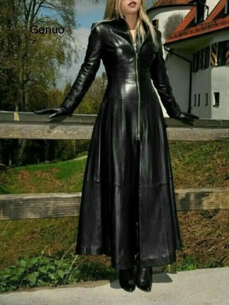 

Retro Pu Overcoat Winter Vintage X-Long Women's Faux Leather Jacket Women Fashion Solid Stand-Up Collar Zipper Retro Coat Female