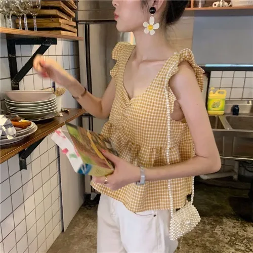 off shoulder high quality fashion brand Tanks loose ruffles plaid sweet new summer Korean style ladies tops Women's Clothing - Цвет: Цвет: желтый
