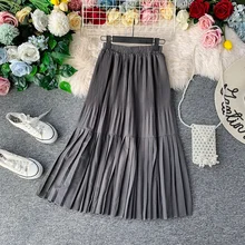 Новинка, весенне-осенняя винтажная элегантная юбка, Женская эластичная плиссированная юбка средней длины с высокой талией, однотонная женская юбка cc1641