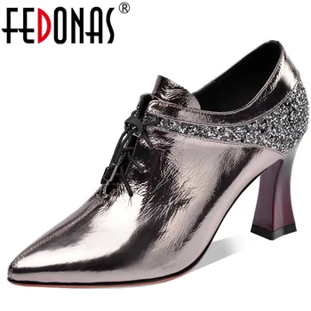 

FEDONAS Concise Blingbling Pumps Women Spring Autumn Cross Tied Genuine Leather Basic Office Party Shoes Woman Strange Heeled