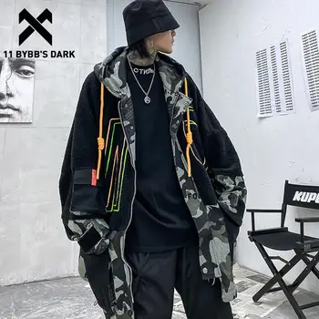 

11 BYBB'S DARK Hip Hop Camouflage Letter Patchwork Mens Hooded Jackets 2020 Autumn Winter Thick Streetwear Harajuku Pockets Coat