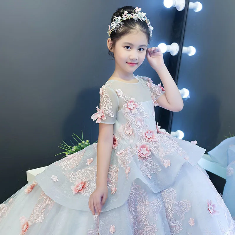 Children Girls Luxury Pageant Floral Appliques Ball Gown Dress Kids Girls Beautiful Flowers Birthday Wedding Party Dress L41