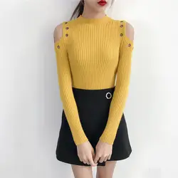 2018 осенний сексуальный трикотажный Женский пуловер с открытыми плечами и длинным рукавом, приталенная Базовая рубашка для похудения