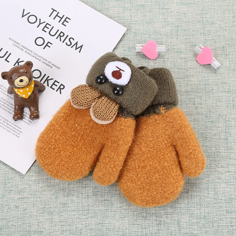 yellow 2 Новые милые перчатки с рисунком лисы и медведя из мультфильма, зимние шерстяные теплые вязаные перчатки для мальчиков и девочек 0-3 лет - Цвет: yellow 2