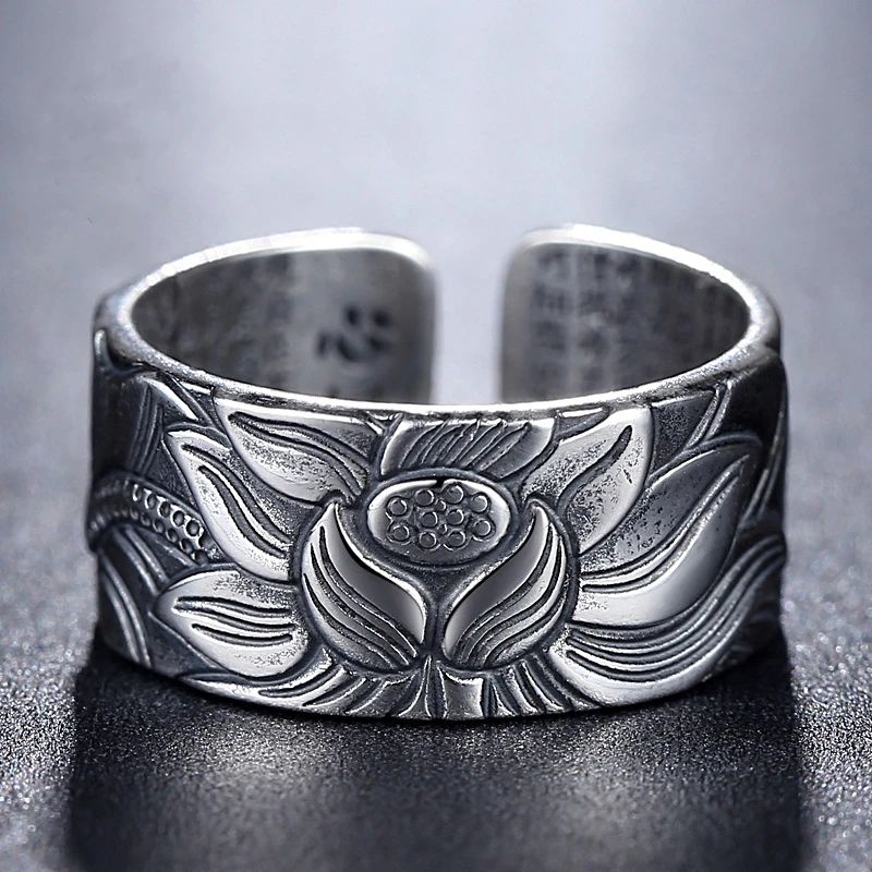 

925 Sterling Silver Carved New Trendy Heart Sutra Lotus Individual Opening Adjustable Ring Wide Banner Ring For Men And Women