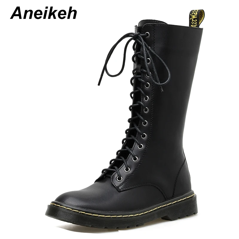 

Aneikeh NEW Fashion Rome Retro Lace Up Knee High Motorcycle Boots Women Shoes Chunky Square Med Heels Riding Knight Long Boots