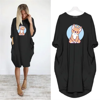 

Women 2020 Dress Long Sleeve Printing Cute Dog Corgi Pocket Loose Fall Maxi Party Casual Dresses Woman Plus Size 5XL HOT
