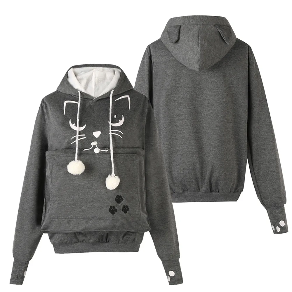 Women Sweatshirt Cat Face Printed Hoodies Plus Size Thicker Velvet Autumn Winter warm Drawstring pocket keep pet Sweatshirt