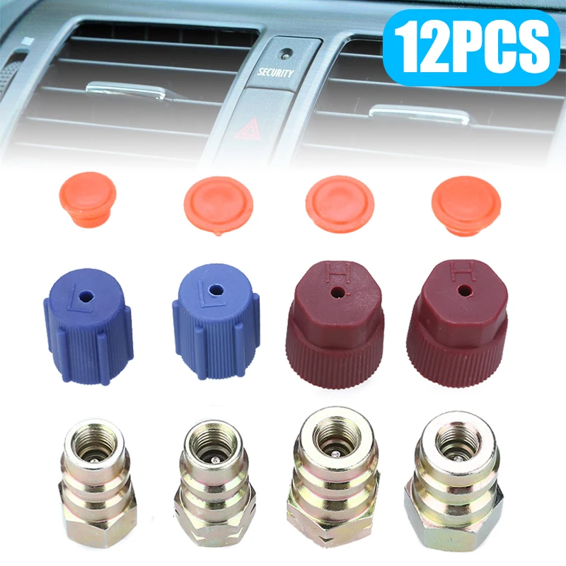 Mayitr 4pcs A/C R12 to R134a Lo/Hi Side Retrofit Conversion Adapter Fitting Cap Valve Kit Accessories
