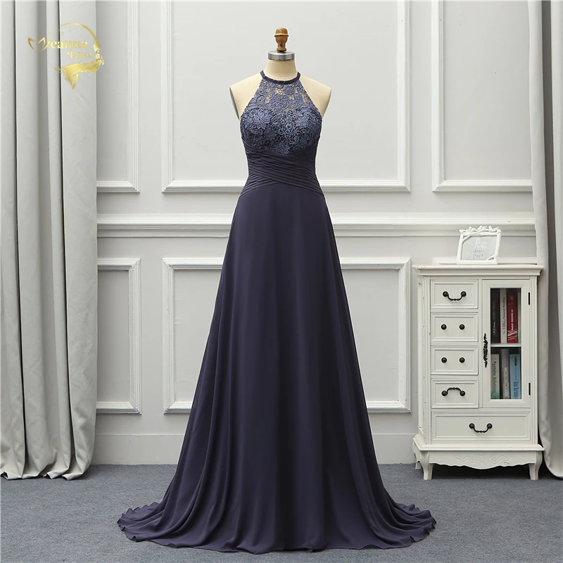 

Jeanne Love Lace Long Evening Dress Halter Open Back Prom Gowns Navy Blue Robe De Soiree Vestido De Festa