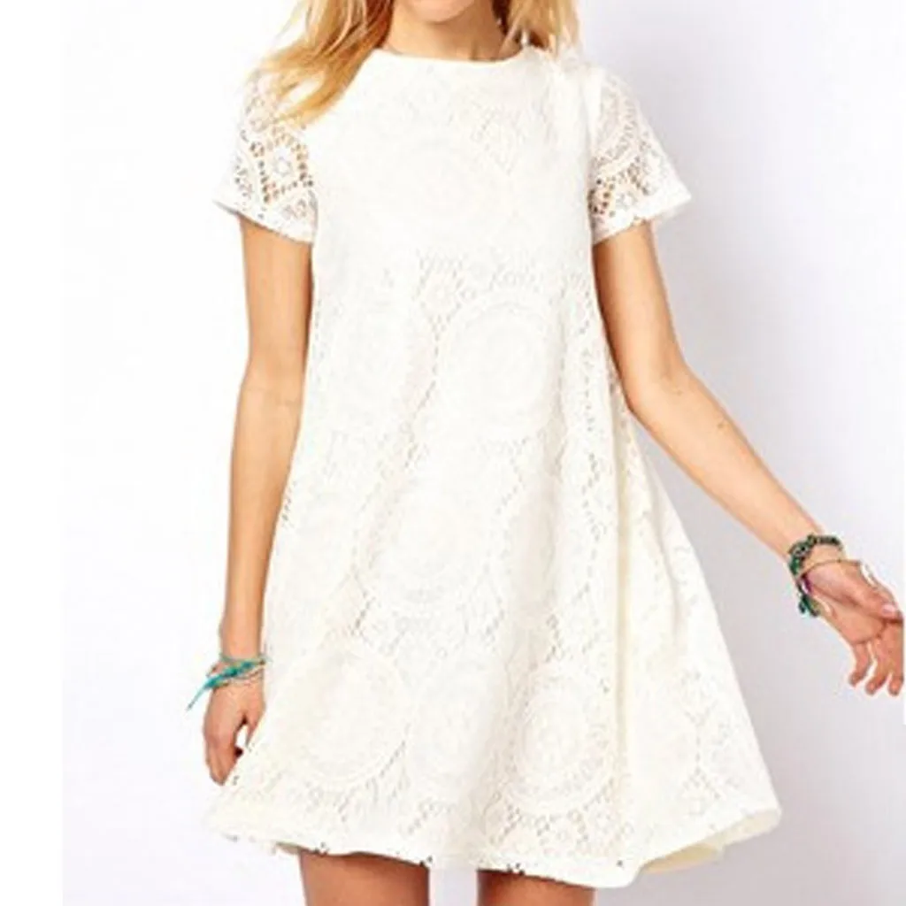 

Sexy O Neck hollow out white beach sundress women summer Solid Short Sleeve Lace mini dresses party vestidos Plus size XXXXXL