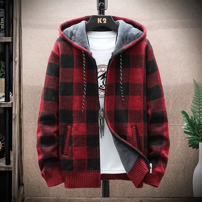 Men's New Winter Plaid Sweater Hooded Cardigan Fleece Warm Clothes Harajuku Coat Wool Zipper Jacket Japanese Fashion Knit Jumper