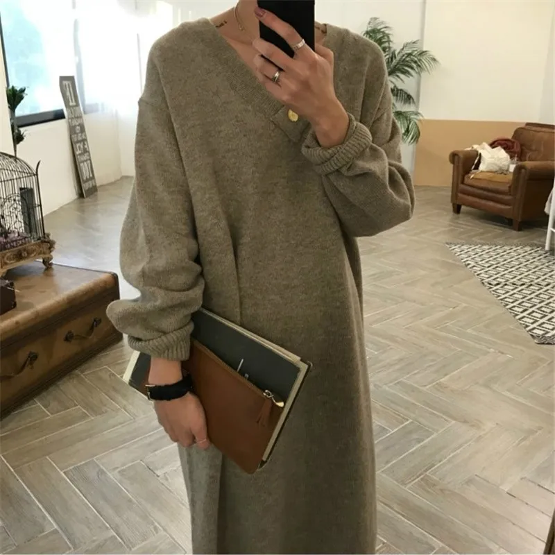 

Women V-neck Autumn Winter Straight Sweater Dress Female Casual Loose Knit Dress Chic Oversize Thick Long Sweater Dress