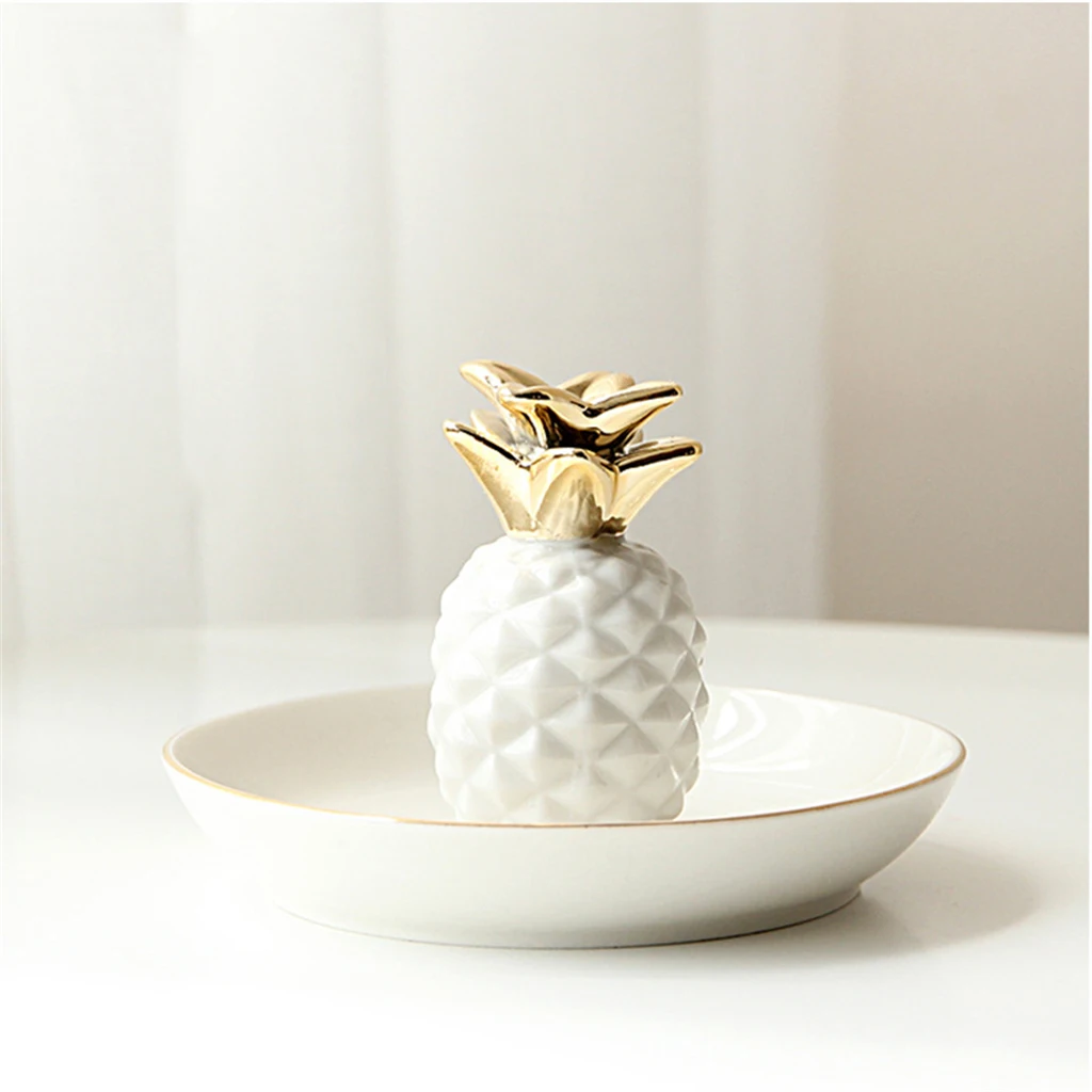 White Porcelain Ceramic with Gold Edge Tray Ananas Dish Key Trinkets Ring Holder Room Decor Plate