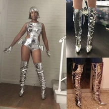 Модные яркие вечерние туфли из искусственной кожи на высоком каблуке; женская обувь с острым носком; размера плюс; Сапоги выше колена; обувь на молнии; 43