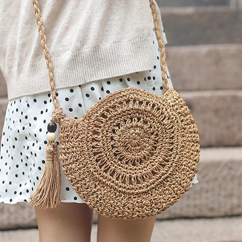 Round Tassel Straw Crossbody Bag Women Summer Rattan Handbags Handmade Woven Beach Circle Bohemia Beach Travel Shoulder Tote