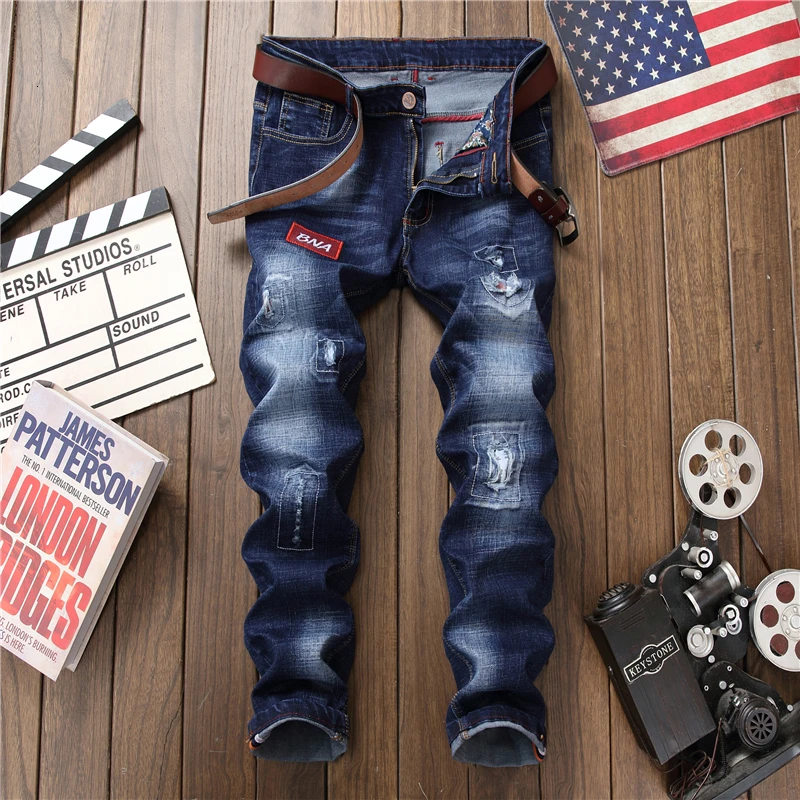 Male hole badge embroidery style denim trousers pants Fashion New Men's Casual Slim Patch Jeans Dropshipping