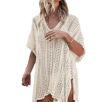 

ZITY 2020 New Cover Up Beach Women Crochet Knitted Tie V Neck Tassel Bathing Suit Cover Ups Sexy See -Through Beach Dress